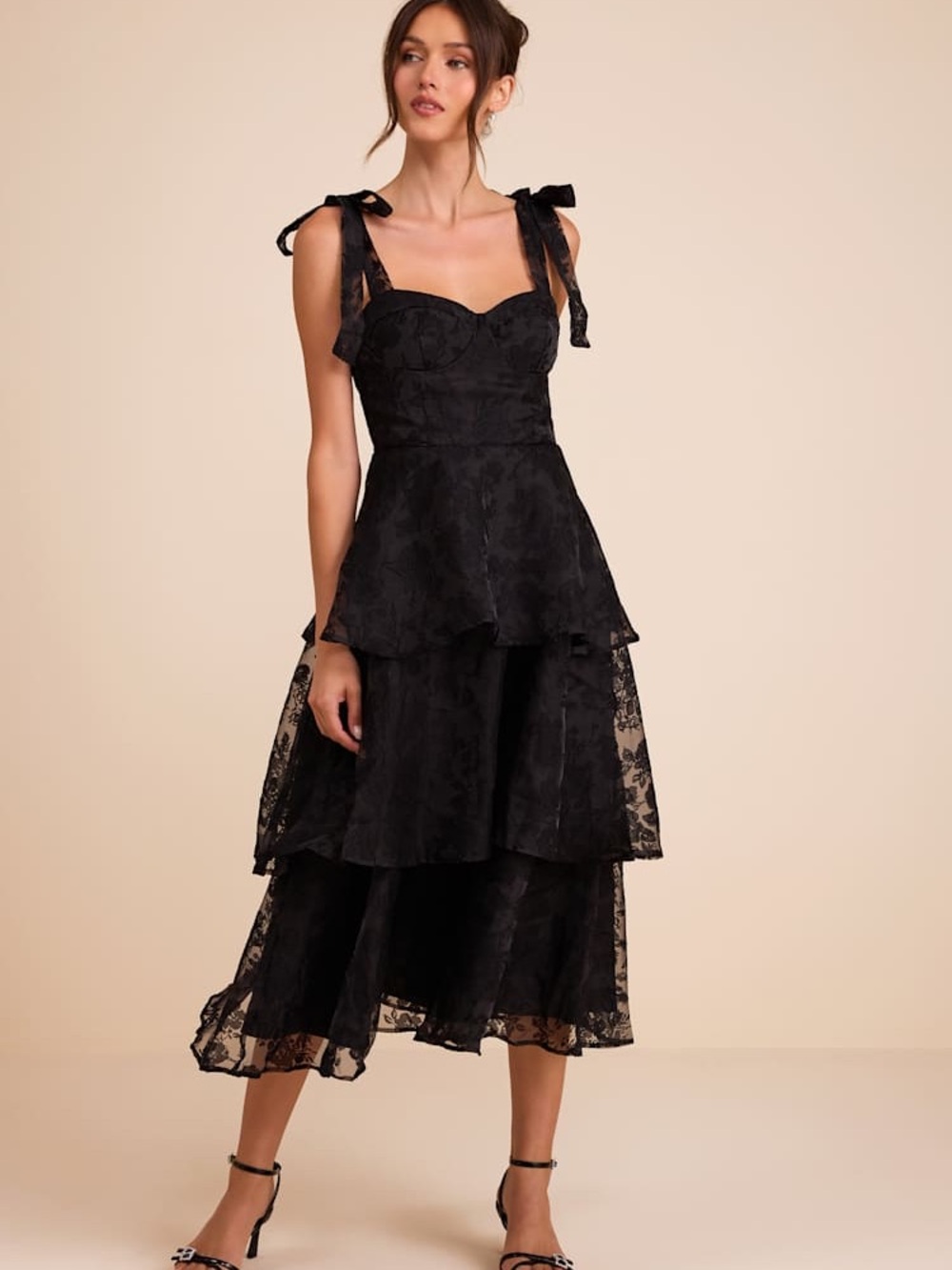 NWT Lulus Glamorous Sweetie Black Burnout Tie-Strap Bustier Midi Dress